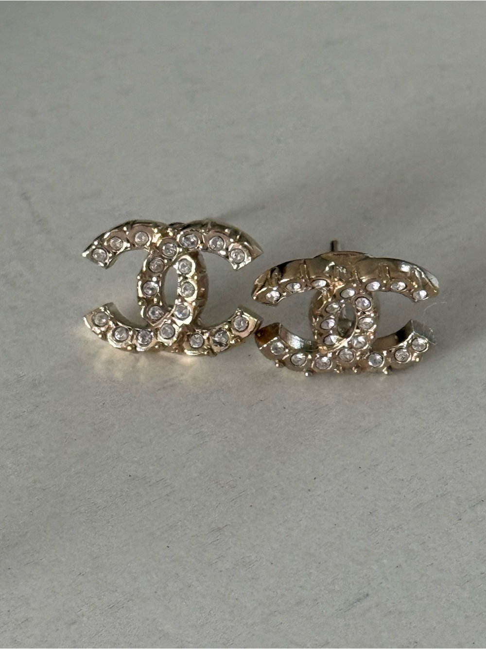 CHANEL Gold CC Crystal Logo Stud Earrings